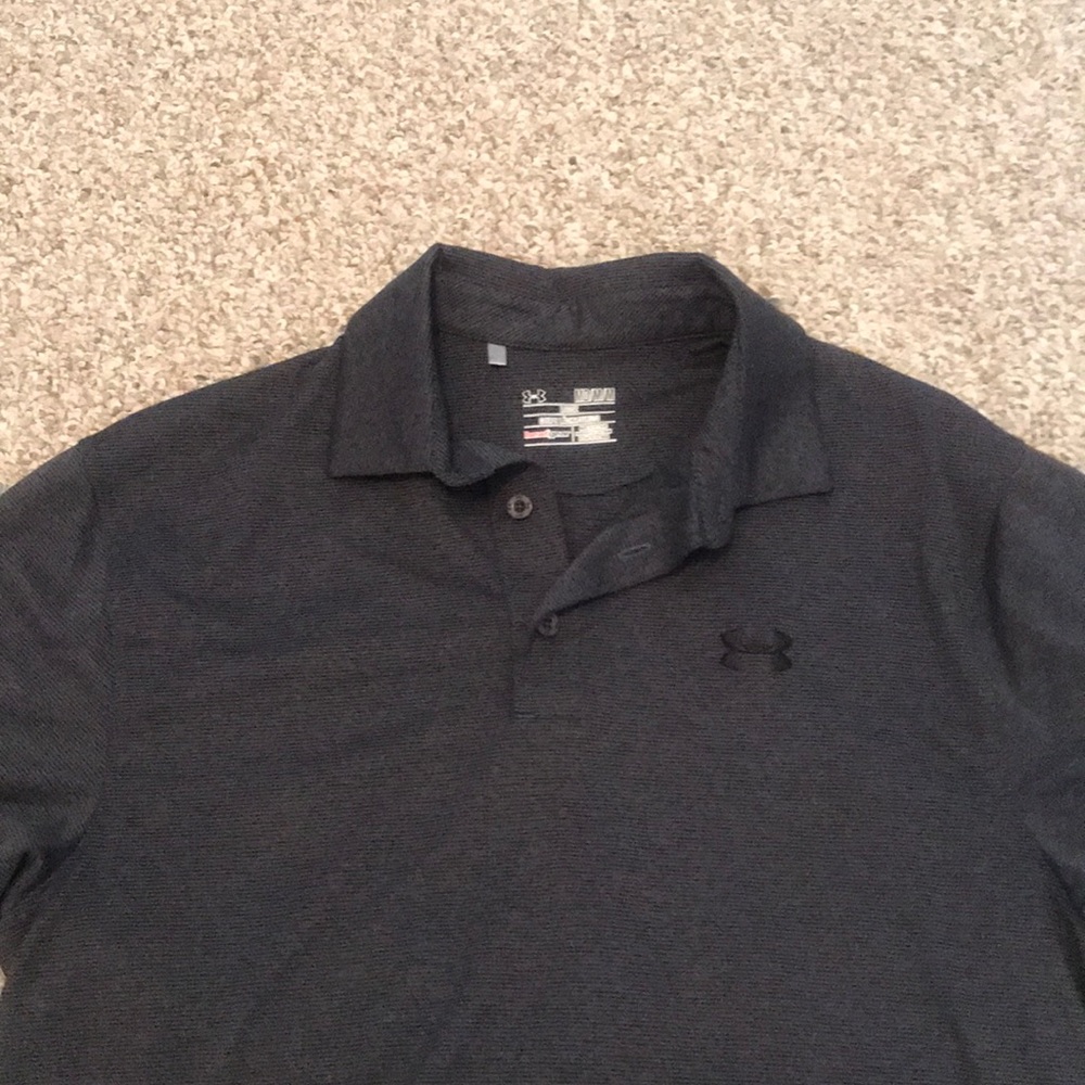 Mens polo, size medium, dark grey and black fine stripe